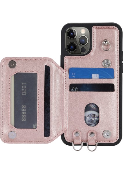 Iphone 12 Pro Max Için Kart Tutucu Kapağı Kickstand ve Wrist Strap-Rose Altın (Yurt Dışından)