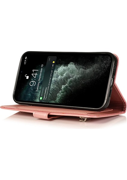 Iphone 15 Pro Max 5 Kart Yuvaları Için Telefon Deri Kılıf Buzağı Dokusu Fermuar Cüzdan Stand Telefon Kapak Pembe (Yurt Dışından) modelleri