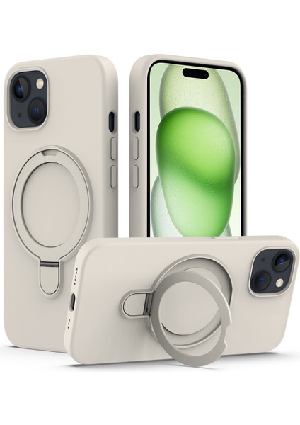 Iphone 15 Manyetik Telefon Kılıfı Yüzük Tutucu Kickstand Sırt Kapak-Antique Beyaz (Yurt Dışından)