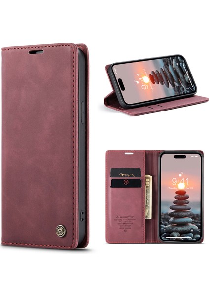 Iphone 15 Pro Deri Cüzdanı Için Telefon Kılıfı Katlama Stand Standı Karaklama Karşı Kırmızısı (Yurt Dışından)