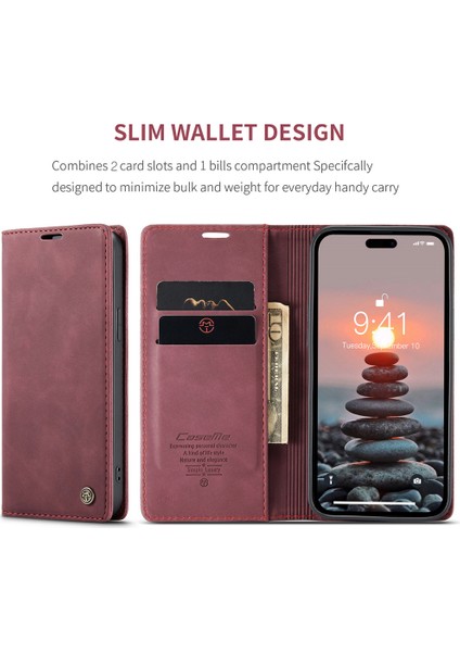 Iphone 15 Pro Deri Cüzdanı Için Telefon Kılıfı Katlama Stand Standı Karaklama Karşı Kırmızısı (Yurt Dışından) fırsatları