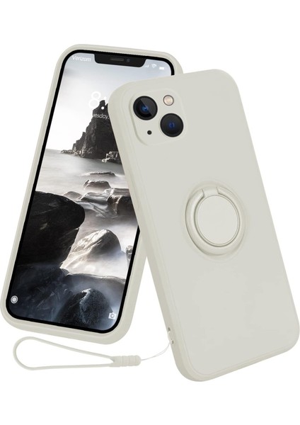 Iphone 15 Yüzük Kickstand Telefon Kasası Için Sıvı Silikon Şok Geçirmez Kapak El Kayışı-Beyaz (Yurt Dışından)