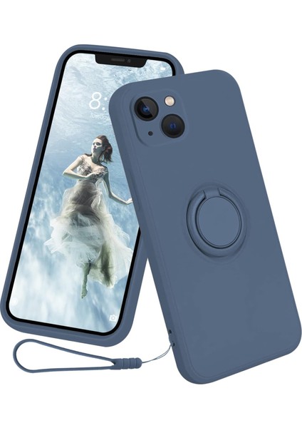 Iphone 15 Halka Kickstand Telefon Kasası Sıvı Silikon Şok Geçirmez Kapak El Kayış-Orta Gece Mavi (Yurt Dışından)