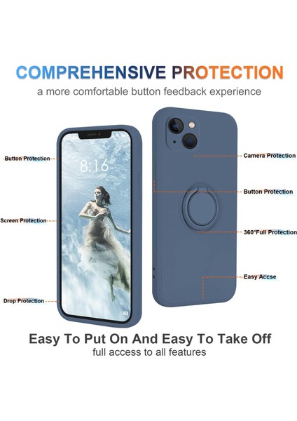 Iphone 15 Halka Kickstand Telefon Kasası Sıvı Silikon Şok Geçirmez Kapak El Kayış-Orta Gece Mavi (Yurt Dışından) fırsatları