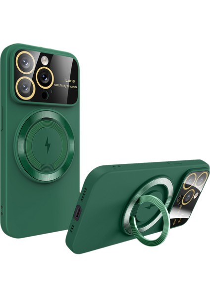 Pc+Tpu Kickstand Case Için iPhone 15 Pro Max Glass Lens Film Telefon Kapağı Magsafe-Blackish Green ile Uyumlu (Yurt Dışından)
