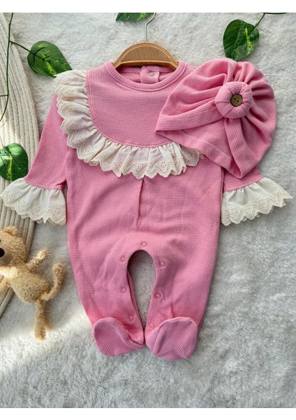 Dantel Yaka Kollu Bandana Aksesuarlı Ikili Kız Bebek Premium Takım Tulum