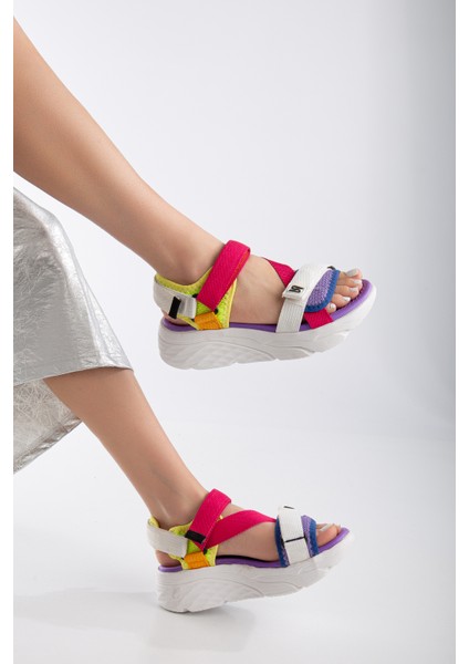 Kadın Dolgu Topuk Cırtlı Günlük Spor Sandalet SS001-0178 Fusya Beyaz modelleri