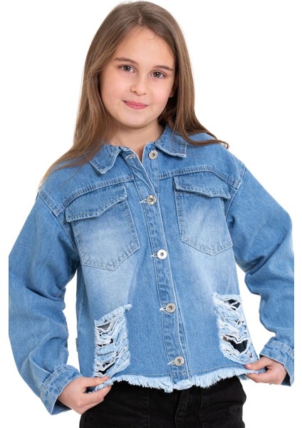 Gomlek Yaka Uzun Kol Sırt Kısmı Kelebek Nakıslı Mavi Renk Kız Çocuk Jean Ceket modelleri