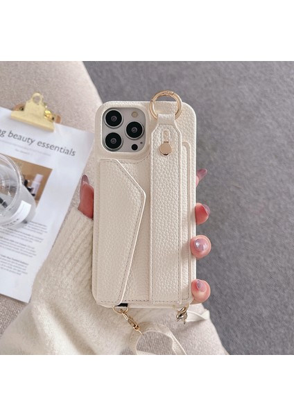 iPhone15 Plus Kart Tutucu Bileklik Telefon Kasası Pu Deri+Pc Kapak Omuz Kayışı-Beyaz (Yurt Dışından)