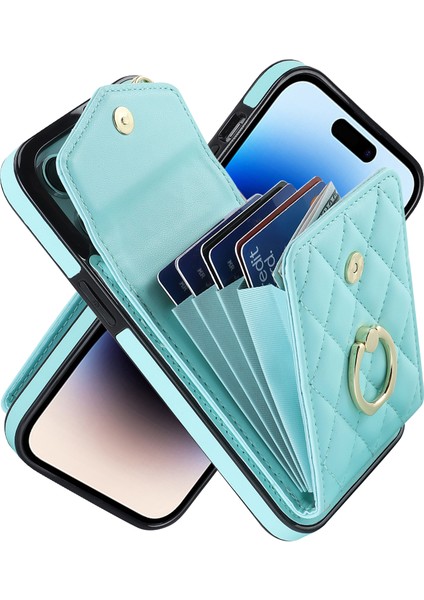 iPhone15 Pro Max Rfıd Için Şok Geçirmez Kılıf Çok Kart Yuvaları Halk Kickstand Pu Deri+Tpu Telefon Kapağı Yeşil (Yurt Dışından)