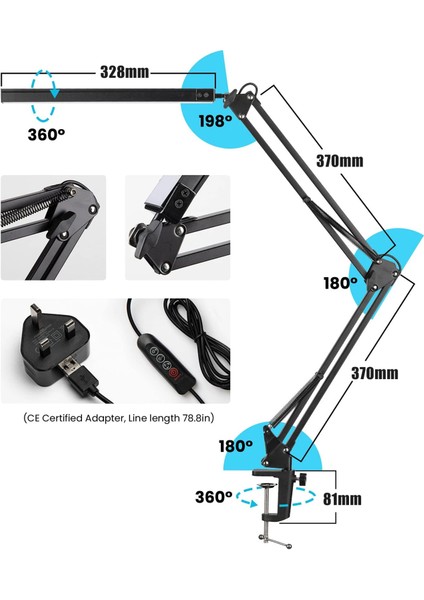 Yuvarlak Kelepçeli LED Masa Lambası Uzun Kol Masa Lambası Göz Bakımı Kısılabilir 3 Renk Ayarlanabilir Masa Işığı 10 Parlaklık Seviyesi ile (Yurt Dışından) modelleri