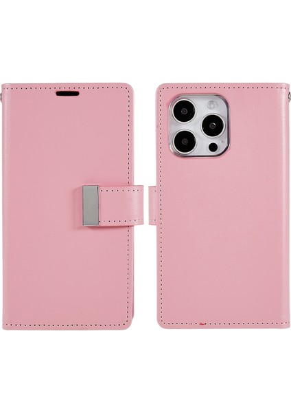 iPhone15 Pro Telefon Cüzdanı Pu Deri Kapağı Metal Manyetik Toka-Pembe (Yurt Dışından)