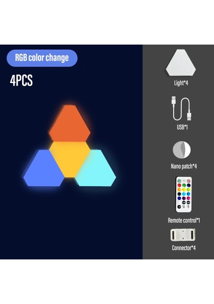 4 Adet LED Üçgen Duvar Lambası USB Dokunmatik Gece Lambası Rgb Ortam Işığı Uzaktan Kumanda Iç Mekan Oyunu Odası Yatak Odası Başucu Dekoratif Işık (Yurt Dışından)