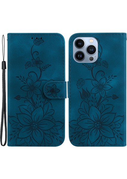iPhone15 Pro Için Baskılı Zambak Çiçek Kılıf Damla Dayanıklı Pu Deri Cüzdan Stand Kabuk-Dark Mavi (Yurt Dışından)