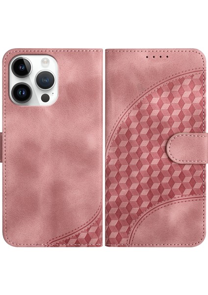 iPhone14 Pro Max Deri Kılıfı Fil Başı Desen Telefon Cüzdan Kapak Pembe (Yurt Dışından)