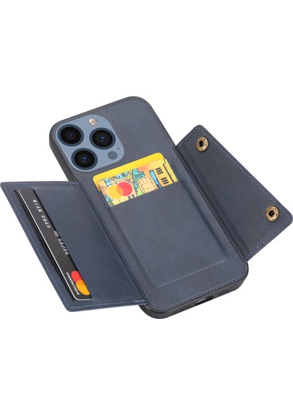 iPhone15 Pro Pu Deri Kaplamalı Tpu Telefon Kapağı Kart Yuvaları Mavisi ile Sonbahar Koruma Kickstand Shell (Yurt Dışından)