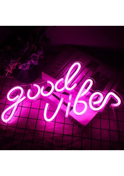 5W Tarzı Pembe Iyi Vibes Neon Burcu Yatak Odası Çocuk Odası Oyunu Düğün Parti Mağaza Oda Duvar Dekoru LED Neon Işık USB ile Güçlendirilmiştir 40*20 cm (Yurt Dışından)