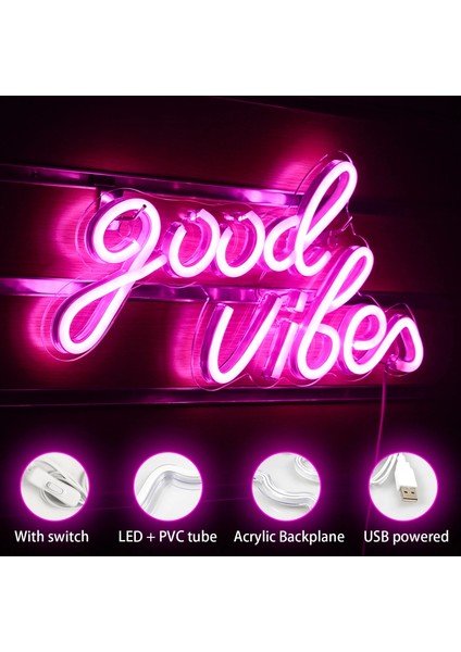 5W Tarzı Pembe Iyi Vibes Neon Burcu Yatak Odası Çocuk Odası Oyunu Düğün Parti Mağaza Oda Duvar Dekoru LED Neon Işık USB ile Güçlendirilmiştir 40*20 cm (Yurt Dışından)