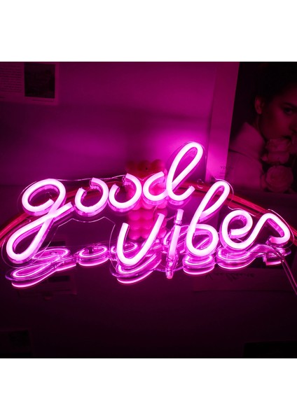 5W Tarzı Pembe Iyi Vibes Neon Burcu Yatak Odası Çocuk Odası Oyunu Düğün Parti Mağaza Oda Duvar Dekoru LED Neon Işık USB ile Güçlendirilmiştir 40*20 cm (Yurt Dışından)