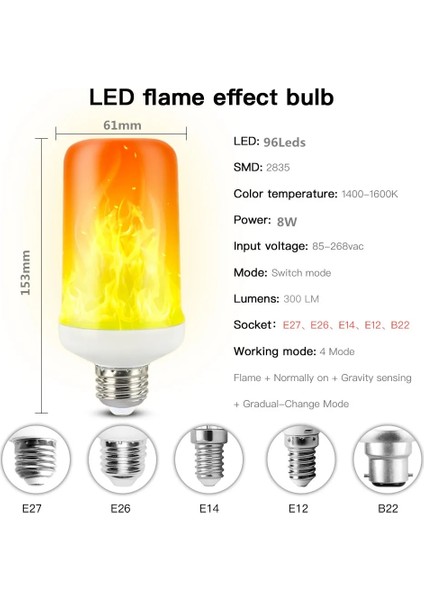 B22 Tarzı 8W 4 Mod Alev Etkisi Dekoratif Ampul LED Dinamik Alev Işığı E14 E27 B22 Yaratıcı Mısır Ampul Alev Simülasyon Etkisi Gece Lambası (Yurt Dışından)
