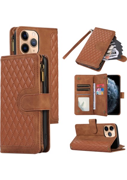 Iphone 11 Pro Case Zipper Cep Deri 9 Kart Yuvaları Telefon Muhafız Kapağı Bilek Kayış-Brown (Yurt Dışından)