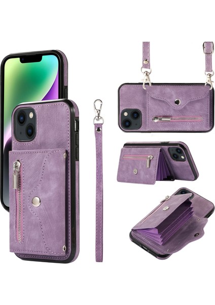 iPhone 14 Plus Içinplus Cep Telefonu Kılıfı Pu Deri+Tpu Rfıd Engelleme Kart Yuvaları 2 Kayış-Mor ile Örtü (Yurt Dışından)