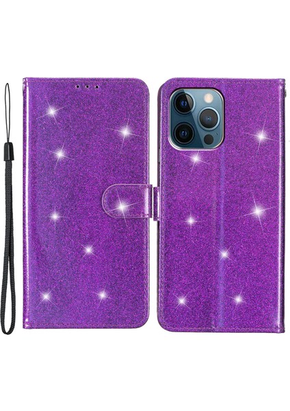 Iphone 15 Pro Glittery Telefon Deri Kılıf Anti-Drop Stand Cüzdan Telefon Kapak-Morası (Yurt Dışından)