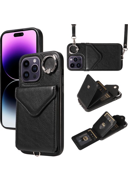 Iphone 14 Pro Case Pu Deri+Tpu Kart Tutucu Telefon Kapağı Omuz Kayışı Black (Yurt Dışından)