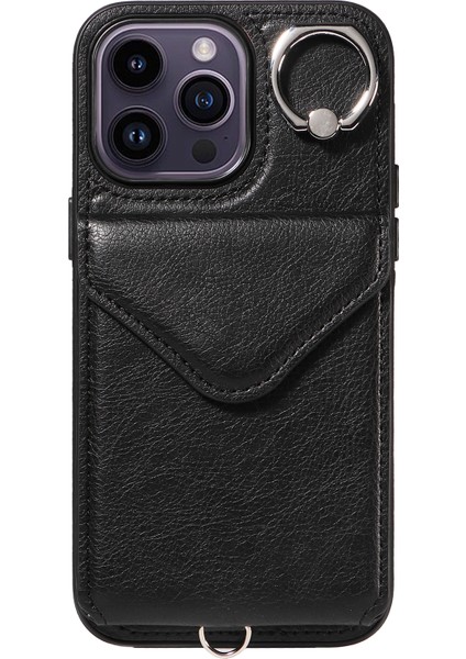 Iphone 14 Pro Case Pu Deri+Tpu Kart Tutucu Telefon Kapağı Omuz Kayışı Black (Yurt Dışından)