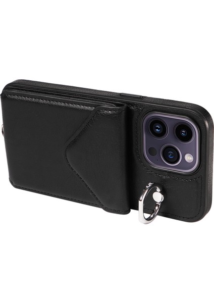 Iphone 14 Pro Case Pu Deri+Tpu Kart Tutucu Telefon Kapağı Omuz Kayışı Black (Yurt Dışından)