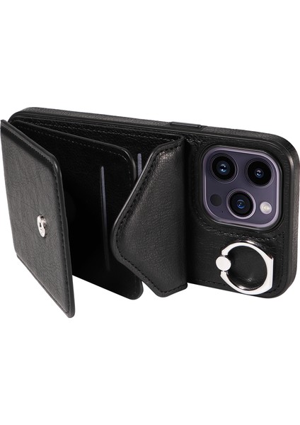 Iphone 14 Pro Case Pu Deri+Tpu Kart Tutucu Telefon Kapağı Omuz Kayışı Black (Yurt Dışından)