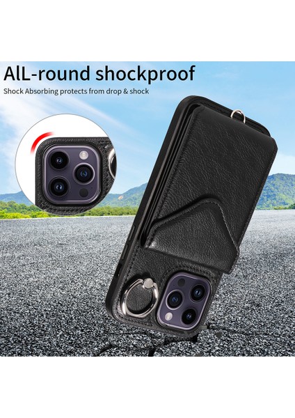 Iphone 14 Pro Case Pu Deri+Tpu Kart Tutucu Telefon Kapağı Omuz Kayışı Black (Yurt Dışından)