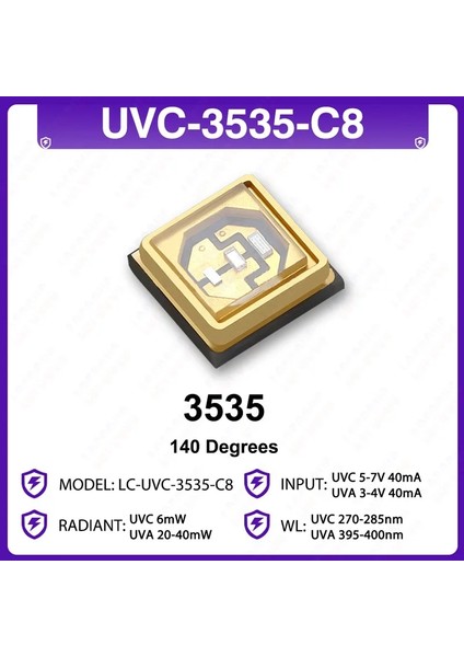 UVC-3535-C8 Derin Uv LED Uvm 280NM + Uva 395NM Diodemd 4 ~ 15MW Dıy Ultraviyole Lambalar Su Hava Virüs Sterilizasyonu Için (Yurt Dışından)