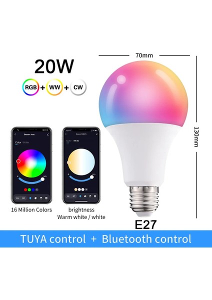 E27-20W Tuya Bluetooth LED Ampul E27 B22 20W Rgb Akıllı Lamba 110V 220V Rgb+Cw+Ww Renk Değişimi Kısılabilir App Kontrolü Ev Dekor Için (Yurt Dışından)