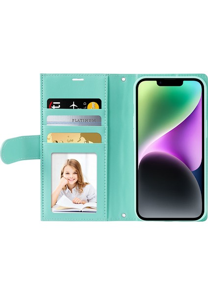iPhone 14 Plus Içinartı Fermuarlı Cep Telefonu Deri Kasa Cüzdan Standı Kapağı Omuz Kayış Yeşili (Yurt Dışından)