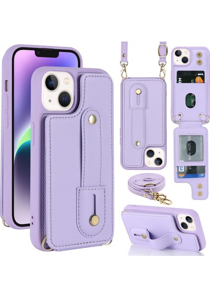 Iphone 15 Plus Kart Yuvaları Için Kickstand Kutusu Pu Deri Kaplı Tpu Telefon Kapağı Omuz Askılı-Mor ile (Yurt Dışından)