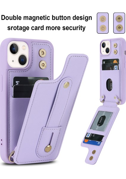 Iphone 15 Plus Kart Yuvaları Için Kickstand Kutusu Pu Deri Kaplı Tpu Telefon Kapağı Omuz Askılı-Mor ile (Yurt Dışından) modelleri