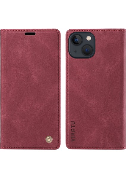 Iphone 15 Manyetik Otomatik Emici Pu Deri Kabuk Telefon Cüzdan Standı Kapak-Wine Kırmızı (Yurt Dışından)