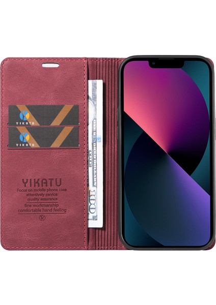 Iphone 15 Manyetik Otomatik Emici Pu Deri Kabuk Telefon Cüzdan Standı Kapak-Wine Kırmızı (Yurt Dışından) fiyatları