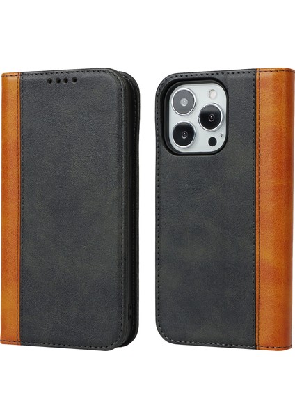 Iphone 15 Pro Bi-Renkli Ekleme Pu Deri Telefon Kılıf Desteği Stand Cüzdan Kapağı Black+Sarı (Yurt Dışından)