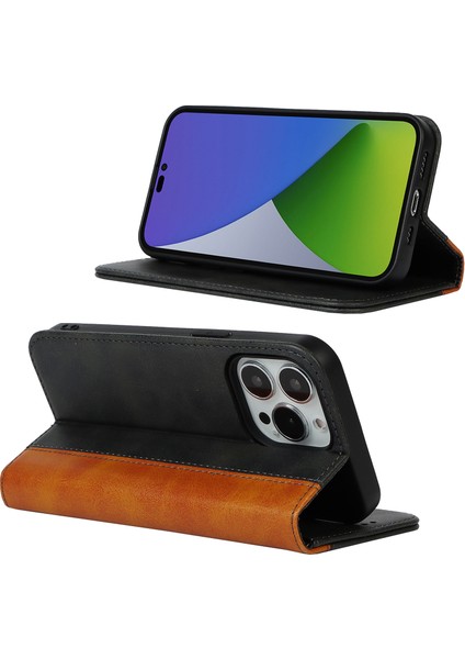 Iphone 15 Pro Bi-Renkli Ekleme Pu Deri Telefon Kılıf Desteği Stand Cüzdan Kapağı Black+Sarı (Yurt Dışından) modelleri