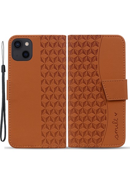 Iphone 14 Plus Case Cüzdan Stand Baskılı Rhombus Telefon Kapak-Kahverengi (Yurt Dışından)