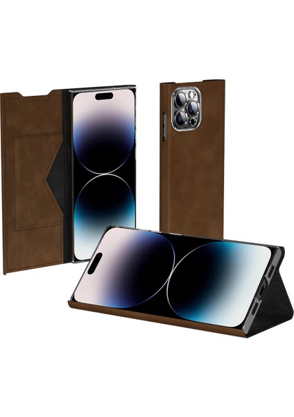 Kart Tutucu Stand Telefon Kapağı Iphone 13 Pro Pu Deri+Pc Nappa Doku Telefon Vaka-Brown (Yurt Dışından)