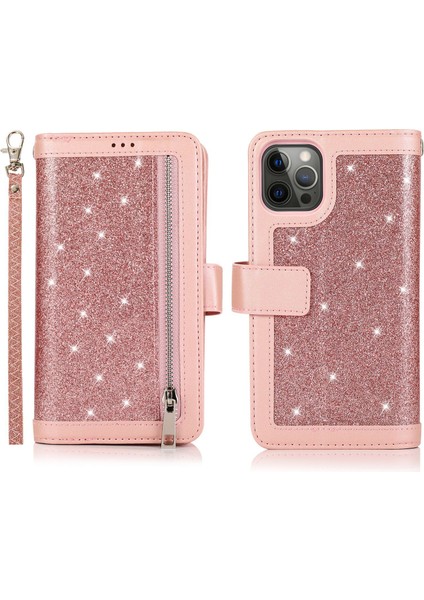 Iphone 12/12 Pro Kasa Glitter Powder Fermuar Cep 9 Kart Tutucu Deri Kapak Golü Altın (Yurt Dışından)