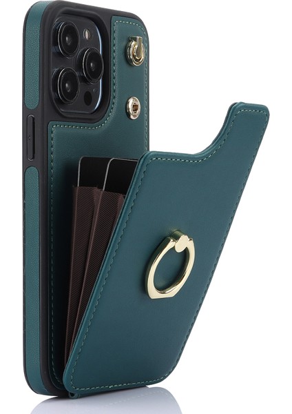 Tpu+Pu Deri Kılıf Iphone 13 Pro 6.1 Inç Kabuk Crossbody Kart Tutucu Kickstand Telefon Kapağı-Blackish Green (Yurt Dışından)