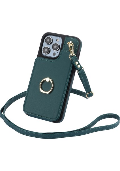 Tpu+Pu Deri Kılıf Iphone 13 Pro 6.1 Inç Kabuk Crossbody Kart Tutucu Kickstand Telefon Kapağı-Blackish Green (Yurt Dışından)