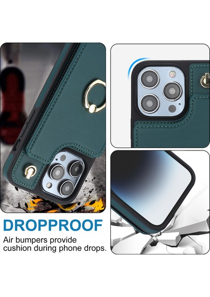 Tpu+Pu Deri Kılıf Iphone 13 Pro 6.1 Inç Kabuk Crossbody Kart Tutucu Kickstand Telefon Kapağı-Blackish Green (Yurt Dışından)