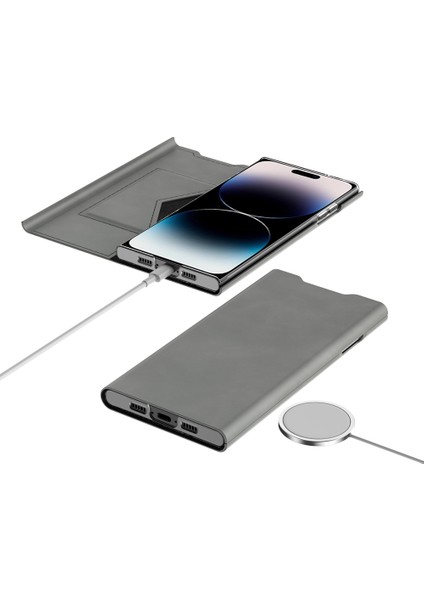Pu Deri+Pc Telefon Stand Kılıfı iPhone 14 Plus Için Kart Tutucu Nappa Doku Anti Drop Kapak Grey (Yurt Dışından) modelleri