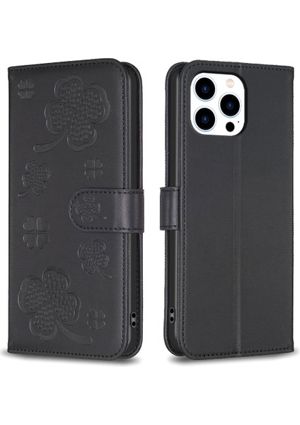 Iphone 14 Pro Cüzdan Telefon Kılıfı Yonca Için Baskı Şok Geçirmez Anti-Fall Kapak Black (Yurt Dışından)