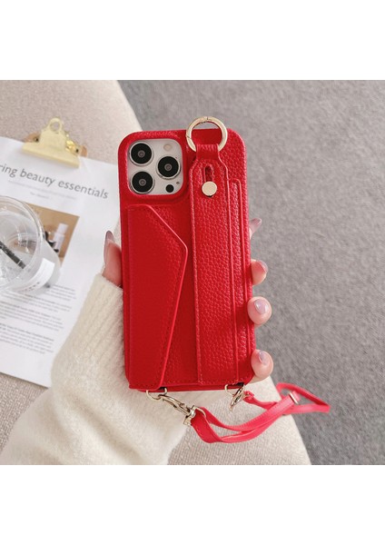 Iphone 15 Plus Kart Tutucu Bileklik Telefon Kasası Pu Deri+Pc Kapak Omuz Kayış Kırmızısı (Yurt Dışından)